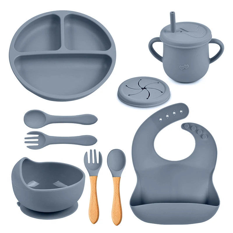 Mother Kids 8PCS Baby Silicone Feeding Set Bibs Sucker Dinner Plate Antislip Bowl Spoon Cup Children's Tableware Baby Stuff