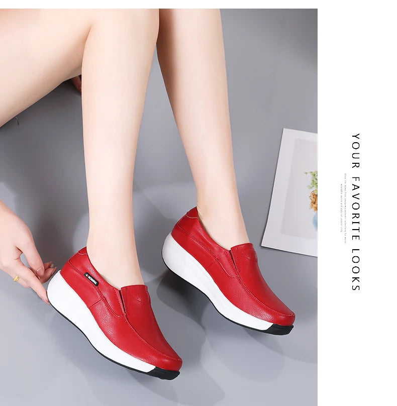 Women’s Genuine Leather Platform Loafers – Orthopedic Slip-On Casual Flats