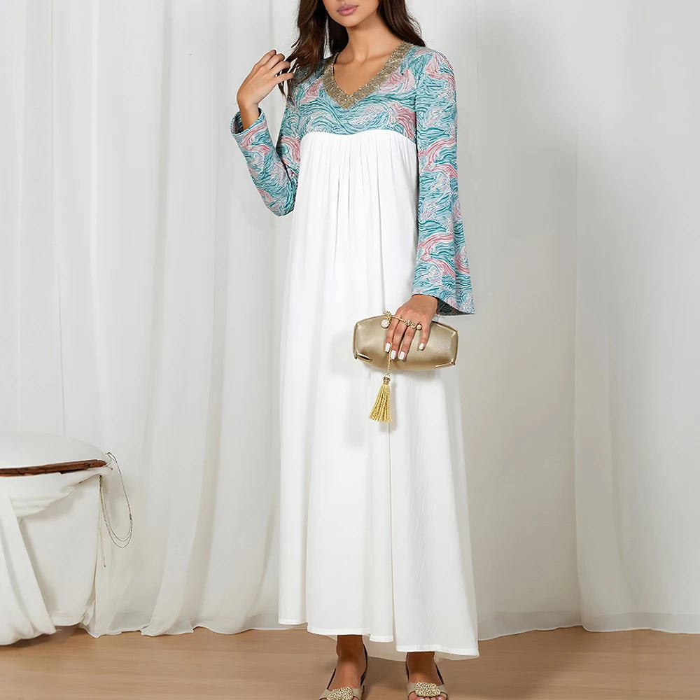 Rafiah Women's Dresses Summer Comfortable Elegant 2025 Decent Long Sleeve V-Neck A-Line Midi Vacation Long Dresses