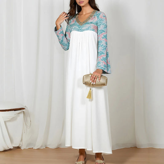 Rafiah Women's Dresses Summer Comfortable Elegant 2025 Decent Long Sleeve V-Neck A-Line Midi Vacation Long Dresses