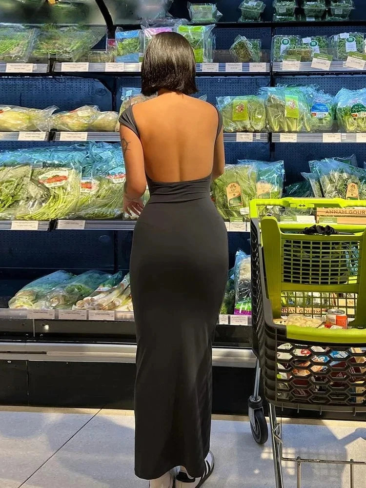 Women Solid Sexy Backless Maxi Dress Women Elegant Elastic Slim Short Sleeve Long Dresses Female Bodycon Streetwear Clothing