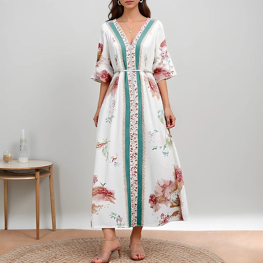 Rafiah Women's Dresses Summer Elegant Fashion 2025 Floral Intellectual Short Sleeve V-Neck A Line Midi Vacation Long Dresses