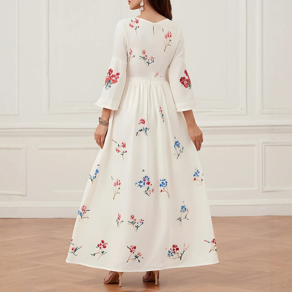 Rafiah Summer Dresses 2025 Women's Flower Graphic Printing Long Sleeve V-Neck Fit and Flare Arabian Midi Dress