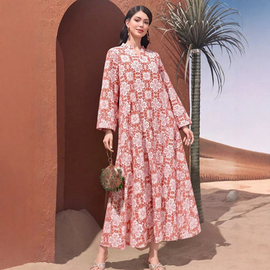 Plus Size Rafiah Women's Summer Arabian Dress 2025 Geometric Printing Long Sleeve Half Open Collar Loose Fit Long Dress