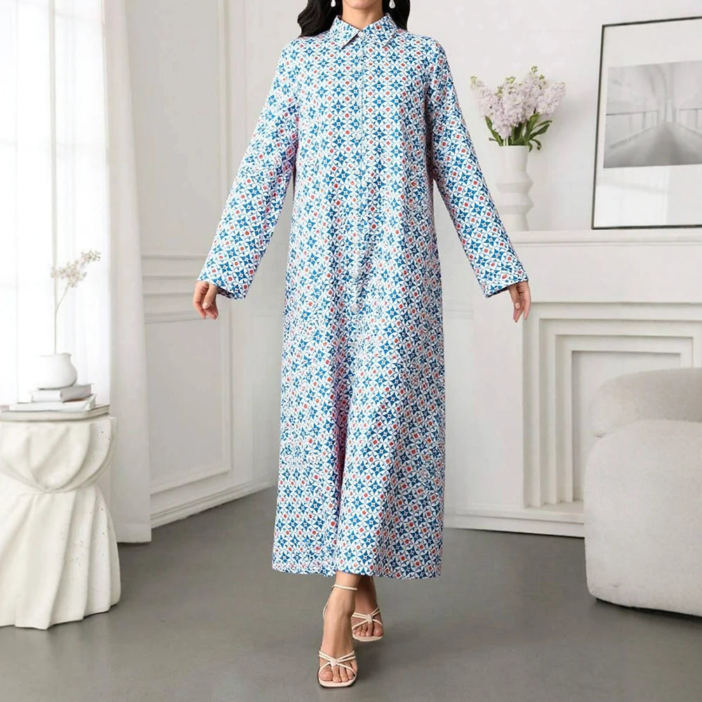 Rafiah Women's Long Dresses Summer Elegant 2025 Full Print Chic Long Sleeve Shirt Collar A-Line Midi Vacation Dresses
