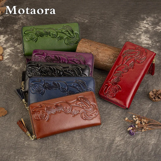 MOTAORA Vintage Women's Leather Wallet 3D Embossed Floral Clutch Bag Genuine Cow Leather Coin Purse Ladies Small Wallet 2025 NEW