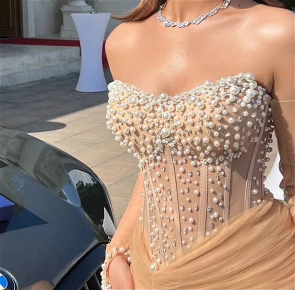 فساتين ميلا كاكي للحفلات مصممة خصيصًا بدون أكتاف، بأكمام طويلة وفتحة جانبية عالية، فساتين سهرة أنيقة بطول الكاحل