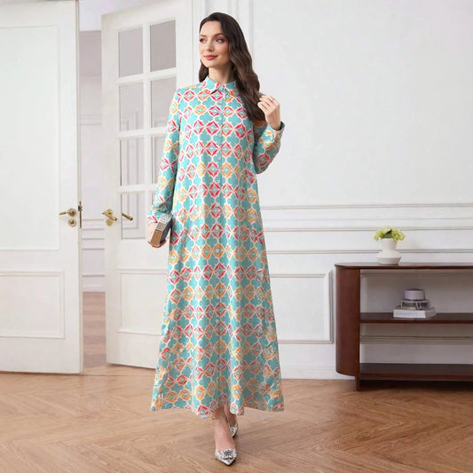 Rafiah Women's Long Dresses Summer Elegant 2025 Full Print Decent Long Sleeve Shirt Collar A-Line Midi Vacation Dresses