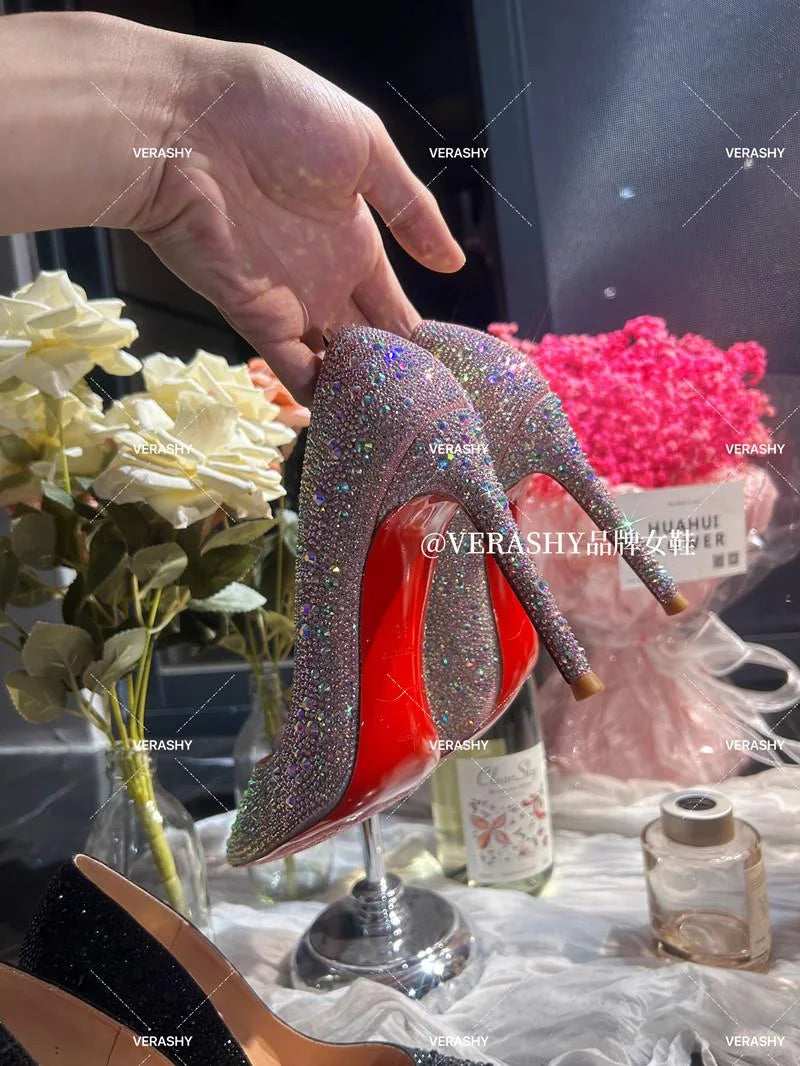 Crystal red soled high heels, black pointed shallow mouth single shoes, thin heels, evening temperament women's shoes