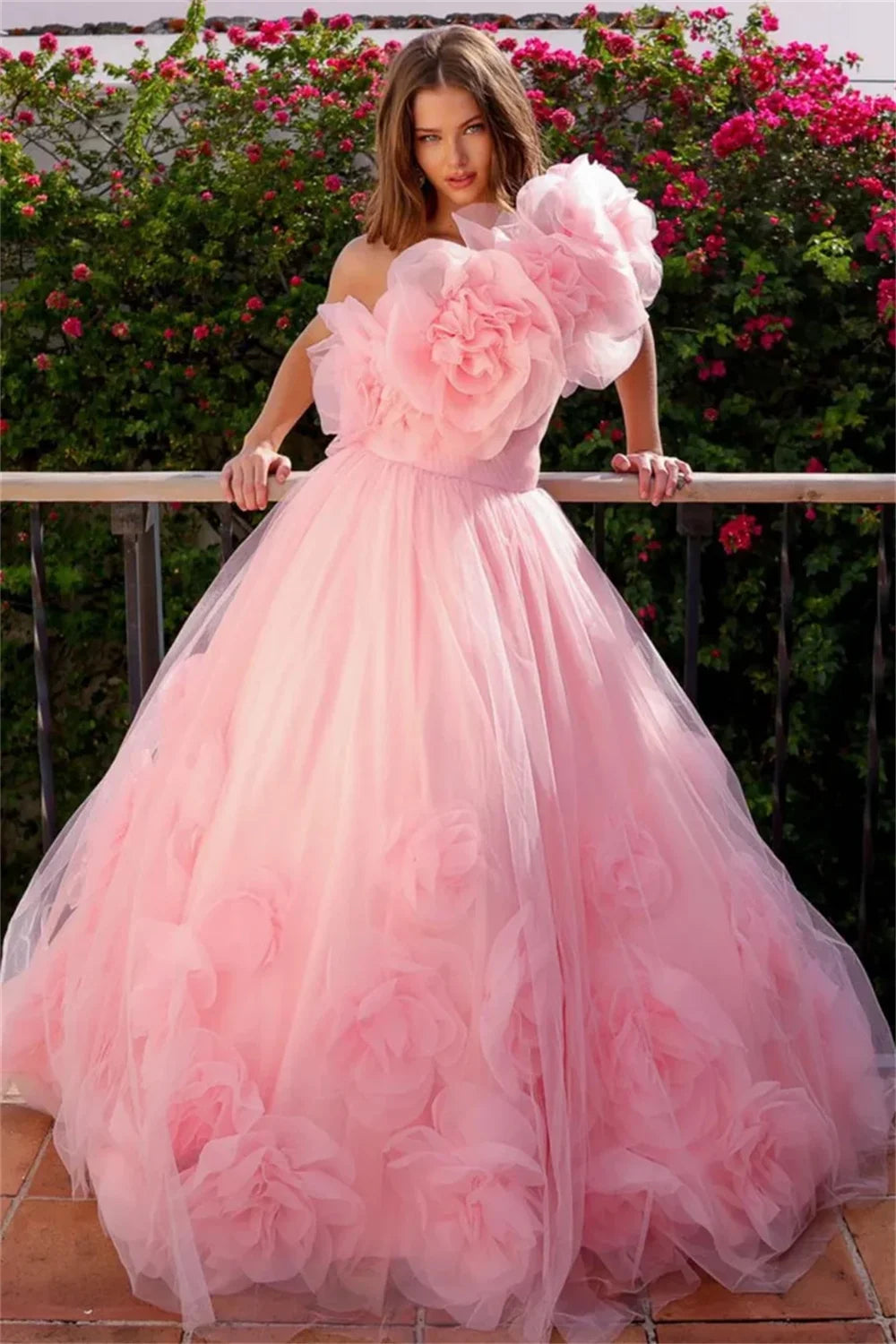 Mila Pink One Shoulder Ball Gown Party Dresses 3D Flower Lace-Up Evening Dresses Tulle Floor-Length Customized Prom Dresses 2025