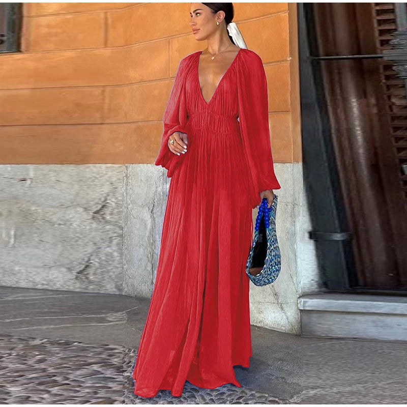 Elegant Pleated Lantern Sleeve Mid-Calf Dress – Women’s O-Neck Holiday Beach Outfit