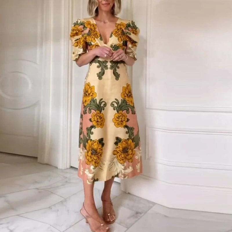 Summer V Neck Short Sleeve A-line Flower Printed Long Dress Women Beach Holiday Vestidos Boho Vintage Dresses Woman