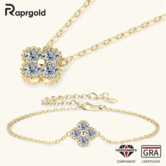 RAPRGOLD GRA Moissanite Four Clover Flower Charm Pendant Necklace Bracelet Set for Women S925 Sterling Silver Fine Jewelry Gifts