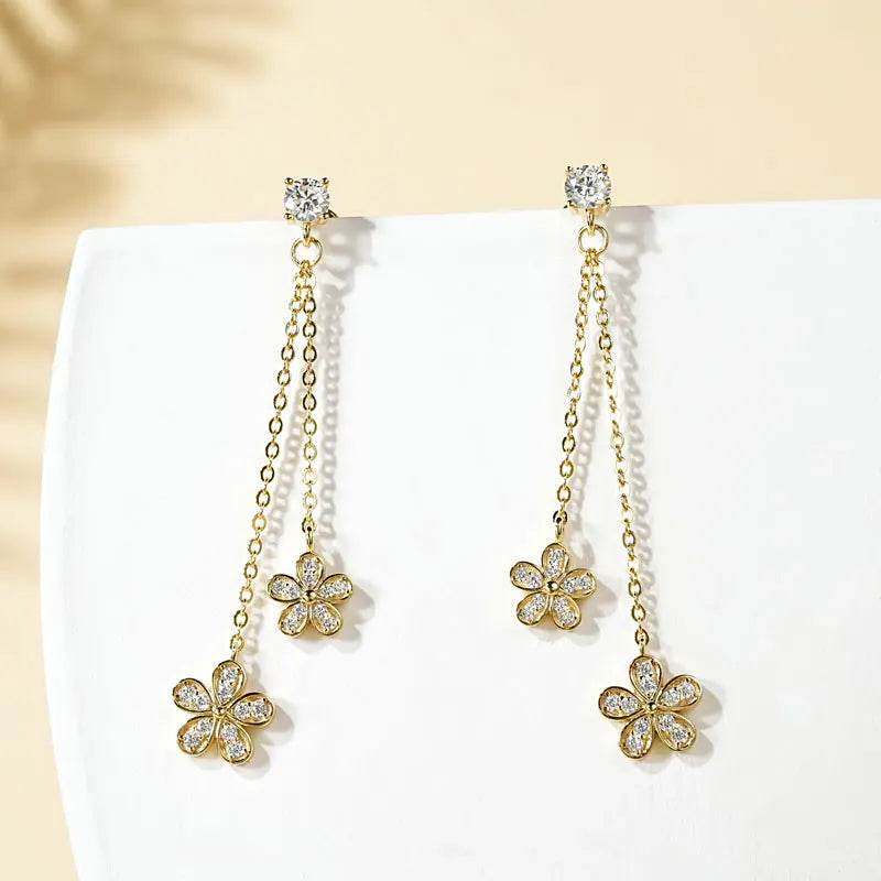 Lnngy Certified D0.30CT Moissanite Flower Earring With GRA Genuine 925 Sterling Silver Tassel Earring For Women Chain Jewelry