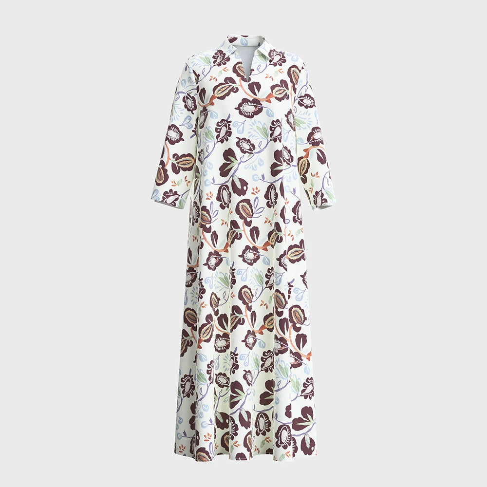 Rafiah Women's Summer Long Dress 2025 Arabian Dress Edgy V-Neck Long Sleeve A-Line Maxi Plant Printing Casual Dress
