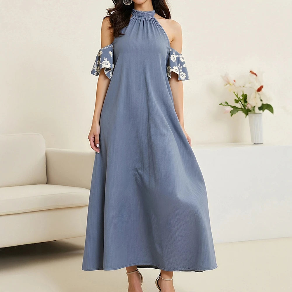 Rafiah Women's Spring Blue Cold Shoulder Maxi Dress with Ruffled Sleeves Casual Loose Fit A-Line Dress