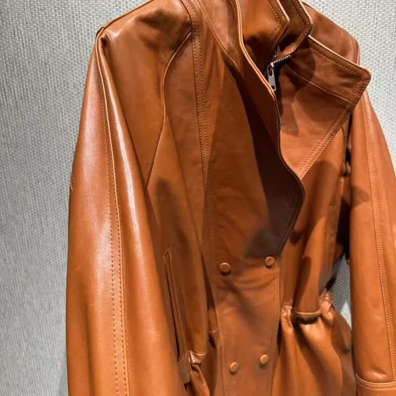 Real Sheepskin Coat Spring And Autumn Women Regular Length Pleating Design High Quality Outerwear Female Genuine Leather Jacket