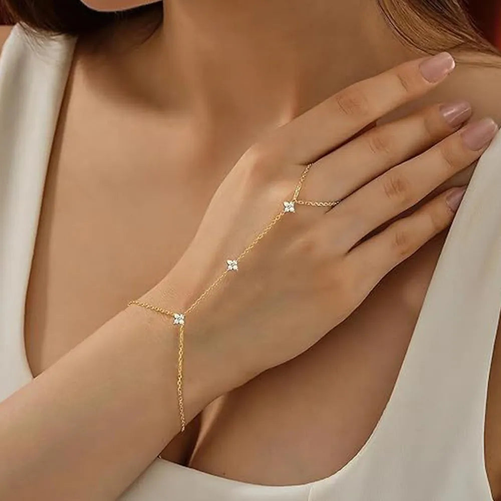 Lnngy Certified Moissanite Bracelet With Ring 925 Sterling Silver Four Leaf Flower Finger Bracelet For Women Hand Chain Jewelry