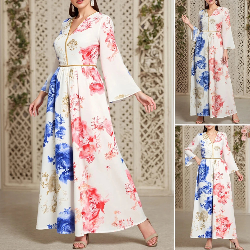 Rafiah Women's Summer Arabian Dress Loose Fit Comfortable Floral Contrast Color Long Sleeve V-Neck Midi Casual Arabian Dress