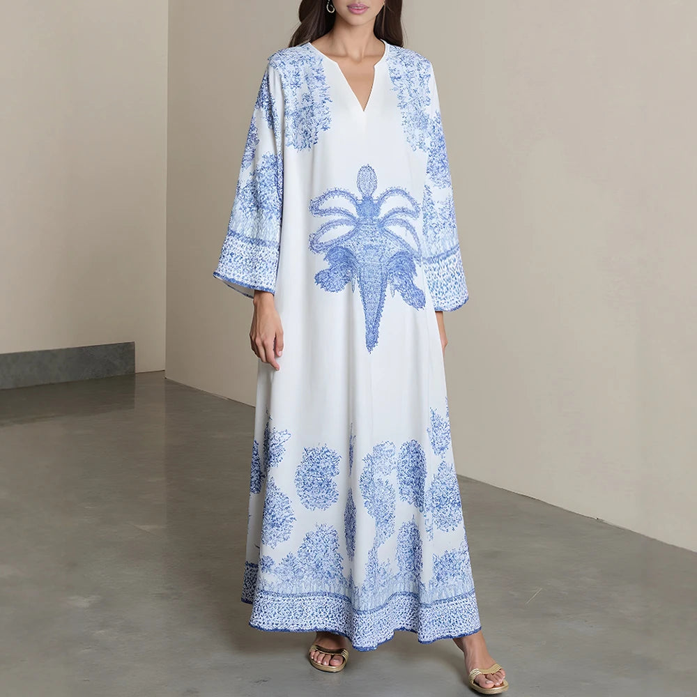 Rafiah Women's Dresses Summer Elegant Decent 2025 Floral Full Print Y2k Long Sleeve V-Neck Midi A Line Long Dresses
