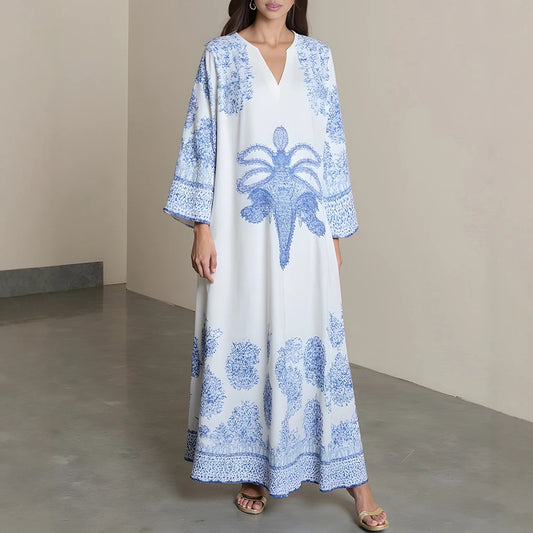 Rafiah Women's Dresses Summer Elegant Decent 2025 Floral Full Print Y2k Long Sleeve V-Neck Midi A Line Long Dresses