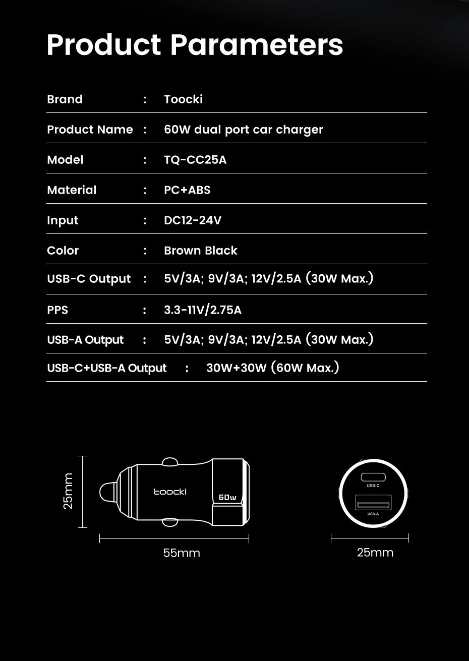 Toocki 60W USB Car Charger Quick Charge QC PD SCP 6A USB Type C Car Fast Charging For iPhone 15 14 13 Huawei Samsung Xiaomi
