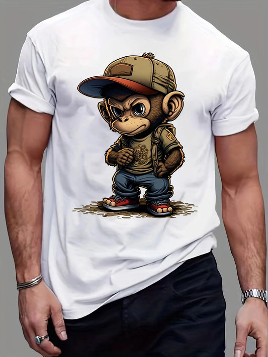 Men's summer 100% pure cotton fashionable sports casual loose cartoon monkey ready to travel 🧳 pattern printed round neck short sleeved T-shirt
