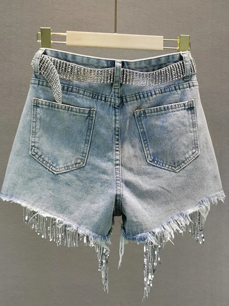 Elegant Tassel Beaded High Waist Denim Shorts – Wide-Leg Summer Jeans
