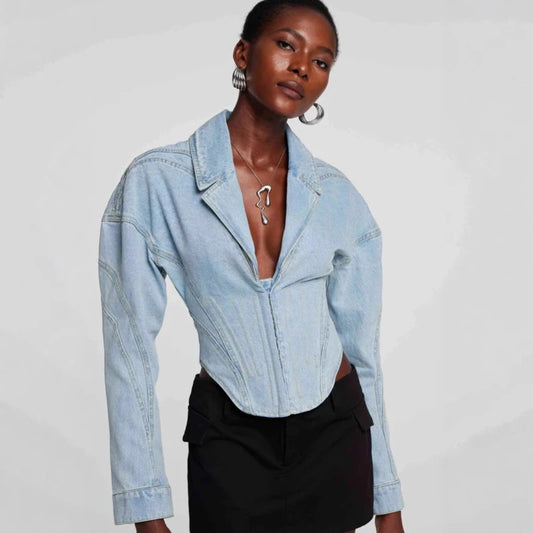 FMIYYOY Design sense women's fishbone denim jacket women's 25 spring new style high-end design sense short top regular style
