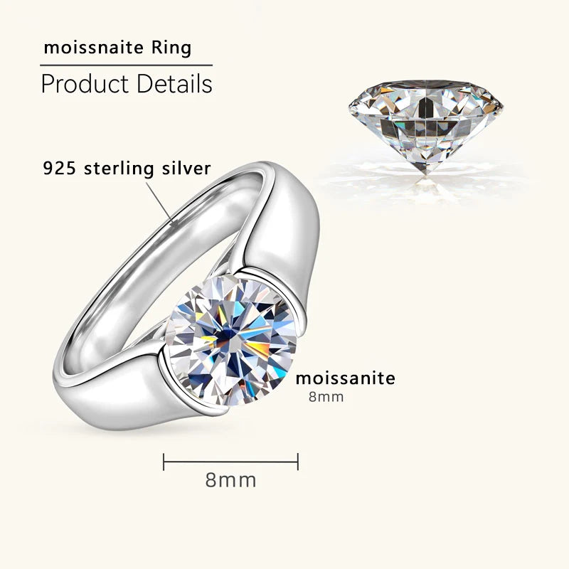 Lnngy Certified 8mm 2ct Moissanite Solitiare Ring For Women Original 925 Sterling Silver Wedding Rings With GRA Certificate