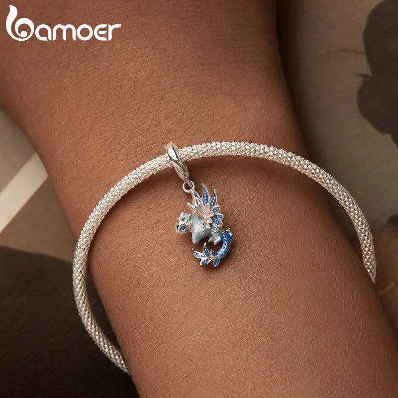 Bamoer  925 Sterling Silver Phoenix Pendant Dragon Charms Enamel Process Plated Platinuma Fit Women DIY Bracelet Fine Jewelry