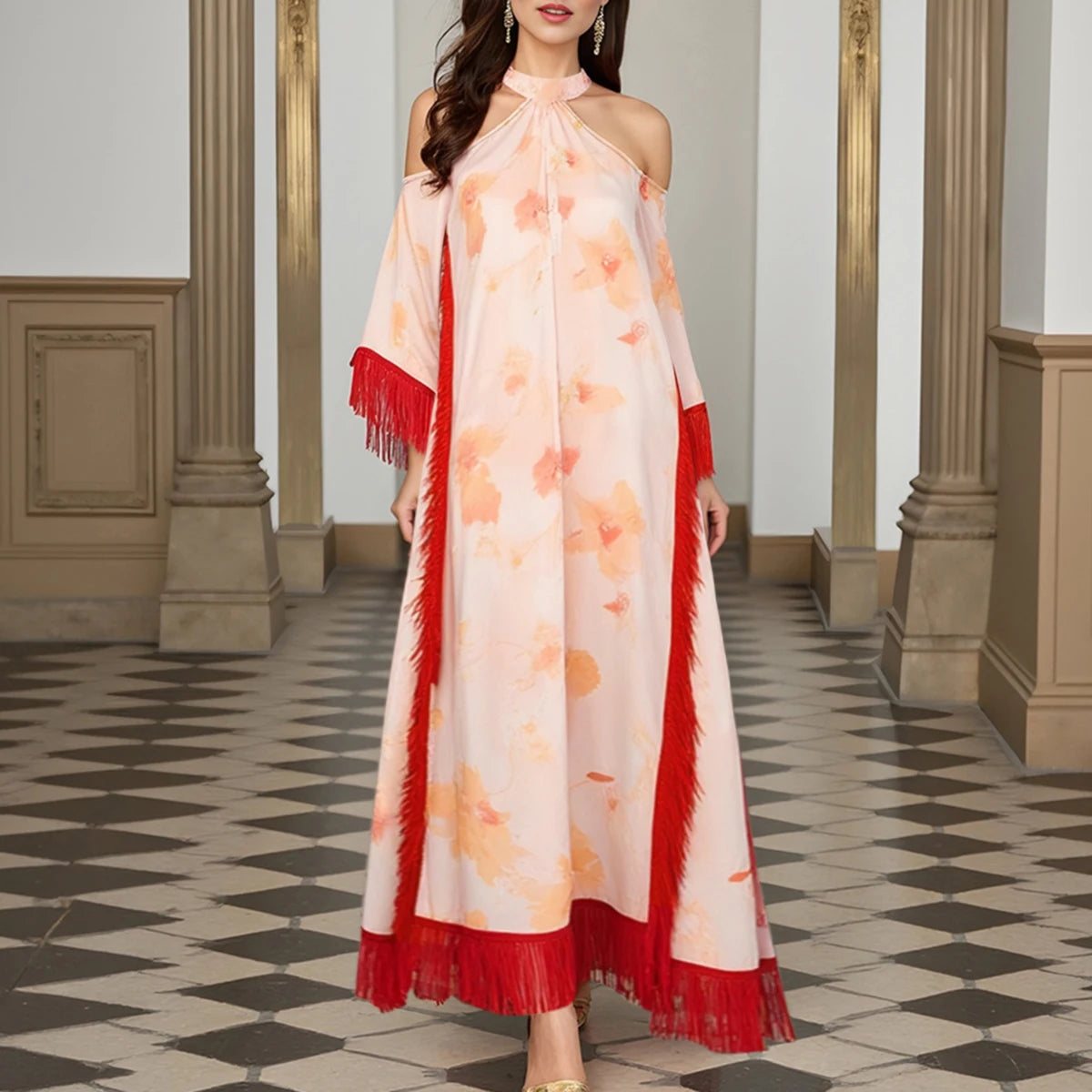 Rafiah Summer Dress 2025 Women's Elegant Full Print Tassel Long Sleeve Halter Neck Cut-Out A-Line Midi Dress