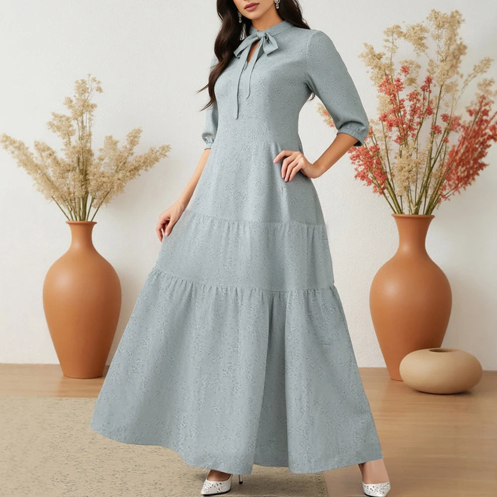 Rafiah Summer Dress 2025 Women's Simple Lace-Up Half Sleeve Crew Neck High Waist Casual A-Line Long Arabian Dress