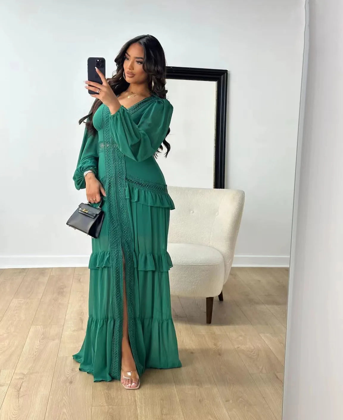 Maxi Dress Ruffles Long Sleeve Hollow Out Evening Dresses Party Chic Robe Green Blue Purple New In Holiday Summer