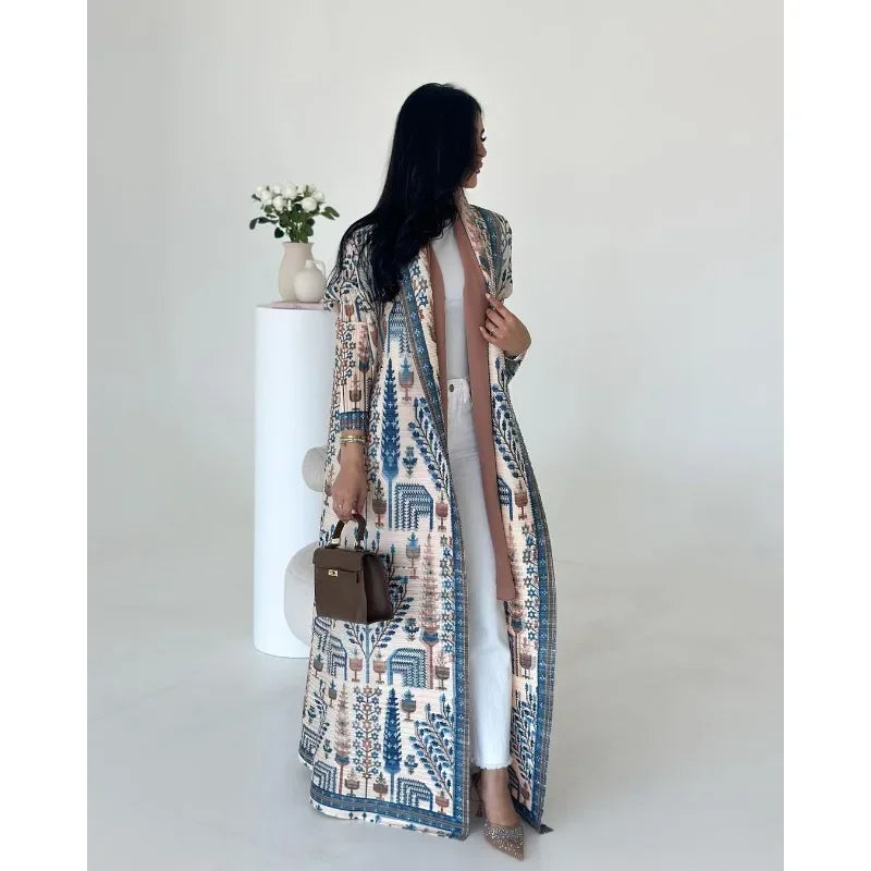 KAF Pleated Women Abaya 2025 Spring Fall New Fashion Retro Printed Cardigan Design Loose Large Size Arab Luxury Robe Female