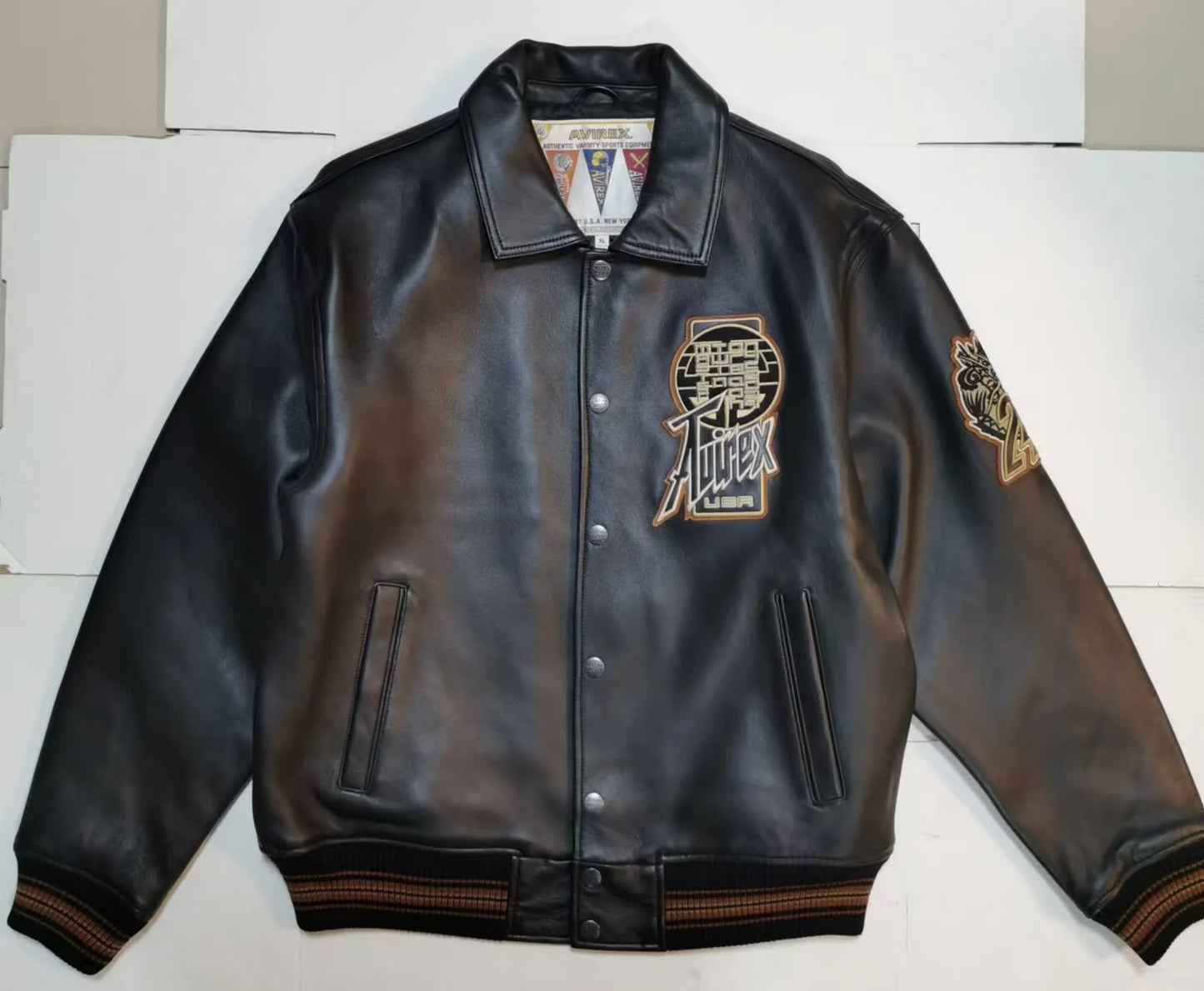 AVIREX fall new jacket men's European antique sheepskin jacket LIMITED EDITION TWIN DRAGON JACKET casual leather jacket tops