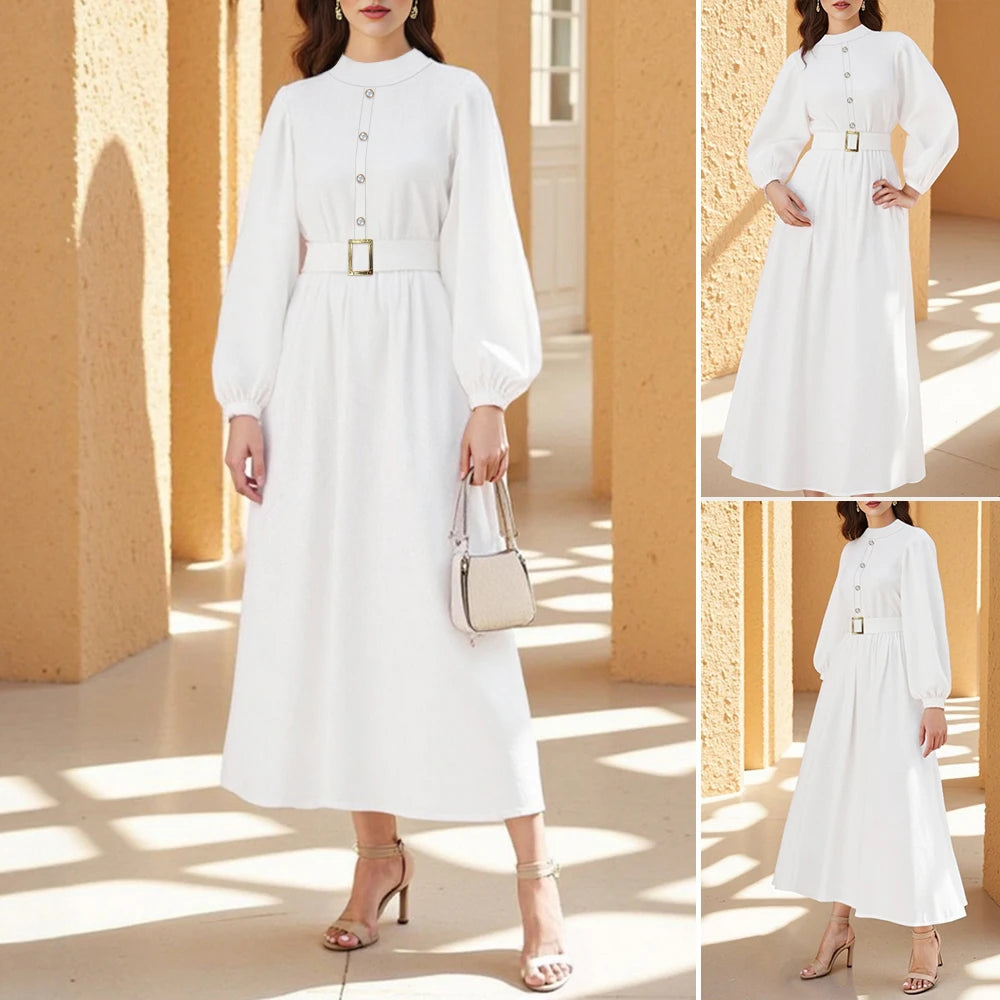 Rafiah Summer Dress 2025 Women's Decent Plain Long Sleeve Crew Neck High Waist A-Line Office Lady Long Arabian Dress