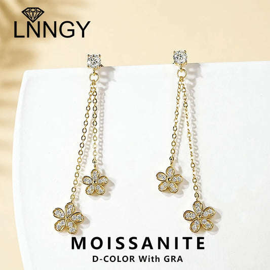Lnngy Certified D0.30CT Moissanite Flower Earring With GRA Genuine 925 Sterling Silver Tassel Earring For Women Chain Jewelry