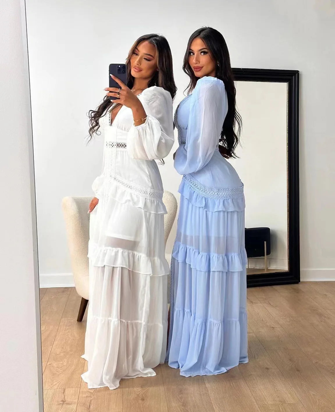 Maxi Dress Ruffles Long Sleeve Hollow Out Evening Dresses Party Chic Robe Green Blue Purple New In Holiday Summer