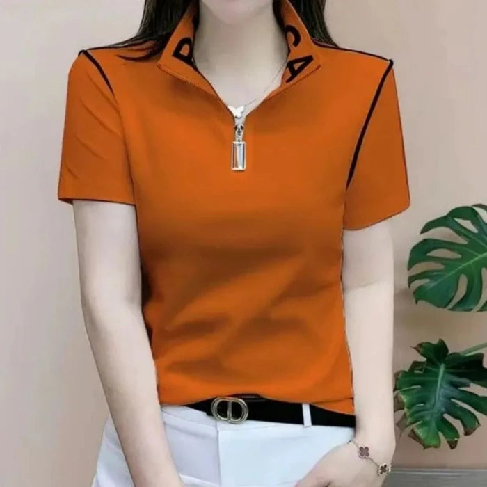 ort Sve T-irt Women's Summer New Faion  irt Zipper Collar Mom's Clothes Anti-Aging Base Layer Top Polyester Fiber