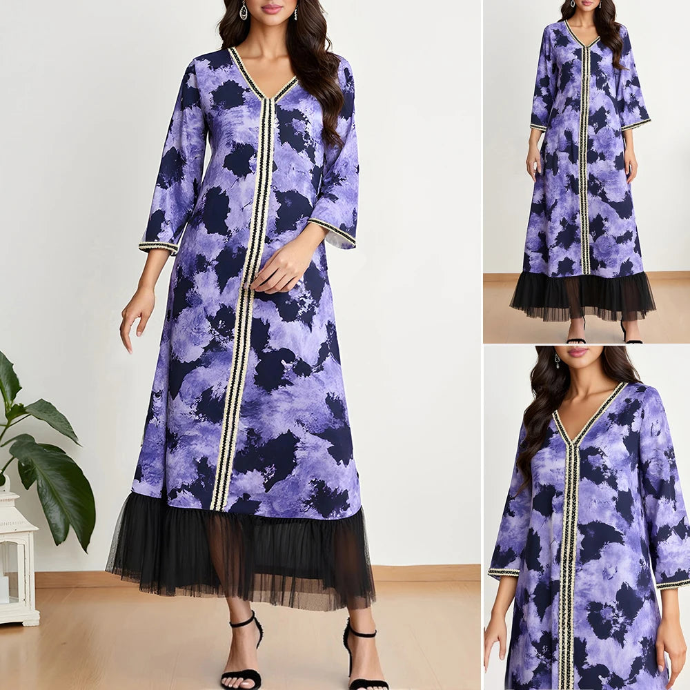 Rafiah Autumn Arabian Dress 2025 Women's Traditional Elegant Patchwork Full Print Long Sleeve V-Neck Gauze Long Dress