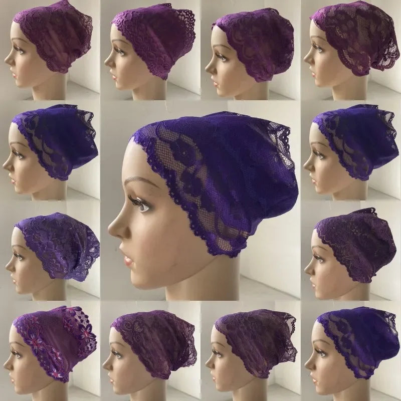 Full Cover Head Inner Cap Flower Lace Muslim Headscarf Islamic Headwear Underscarf Turban Indian Hat Pattern In Random