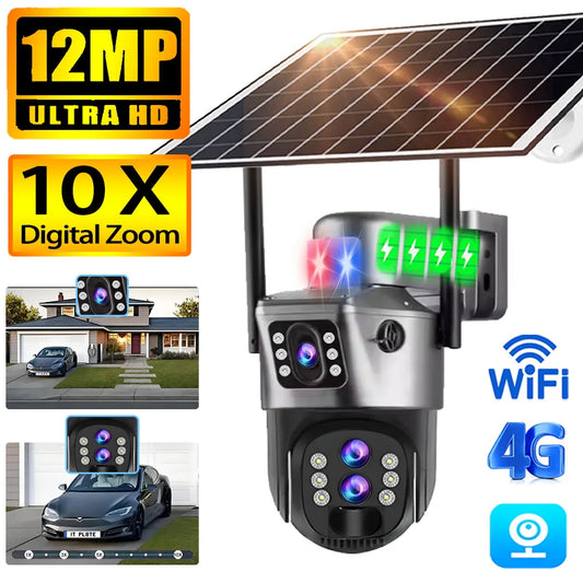 Solar Outdoor Surveillance Camera 4G Sim 6K 12MP Three Lens 10 Digital Zoom Wireless Cctv PTZ IP66 Security Solar Panel Cameras