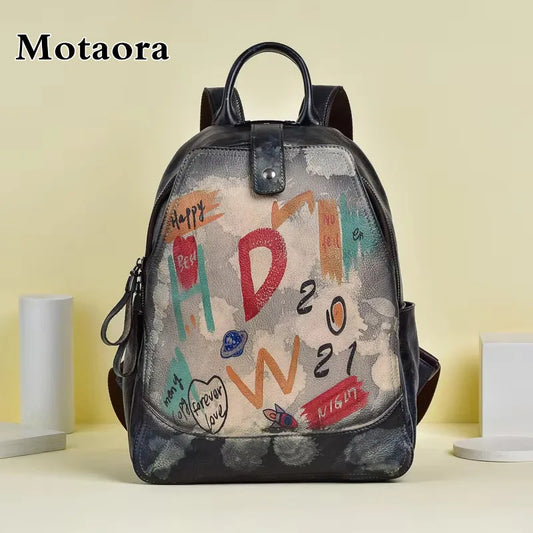 MOTAORA 2025 New Retro Genuine Leather Backpack For Women Hand-painted Graffiti Design Cowhide Travel Bag For Everyday Use