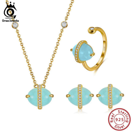 ORSA JEWELS 925 Sterling Silver Natural Aquamarine Earrings Necklace Ring Set 14K Gold Plated for Women Jewelry Sets Gift SSGM04