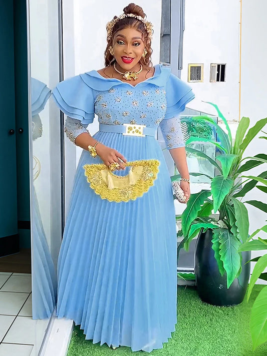 2025 Spring Long Dresses For Women Party Evening Gown African Dashiki Diamond Pleated Maxi Robe Dubai Turkey Kaftan Clothing