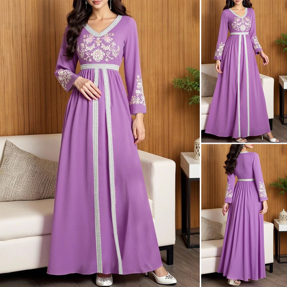 Rafiah Autumn Arabian Long Dress 2025 Casual Decent Patchwork Floral Long Sleeve V-Neck Maxi Dress For Women