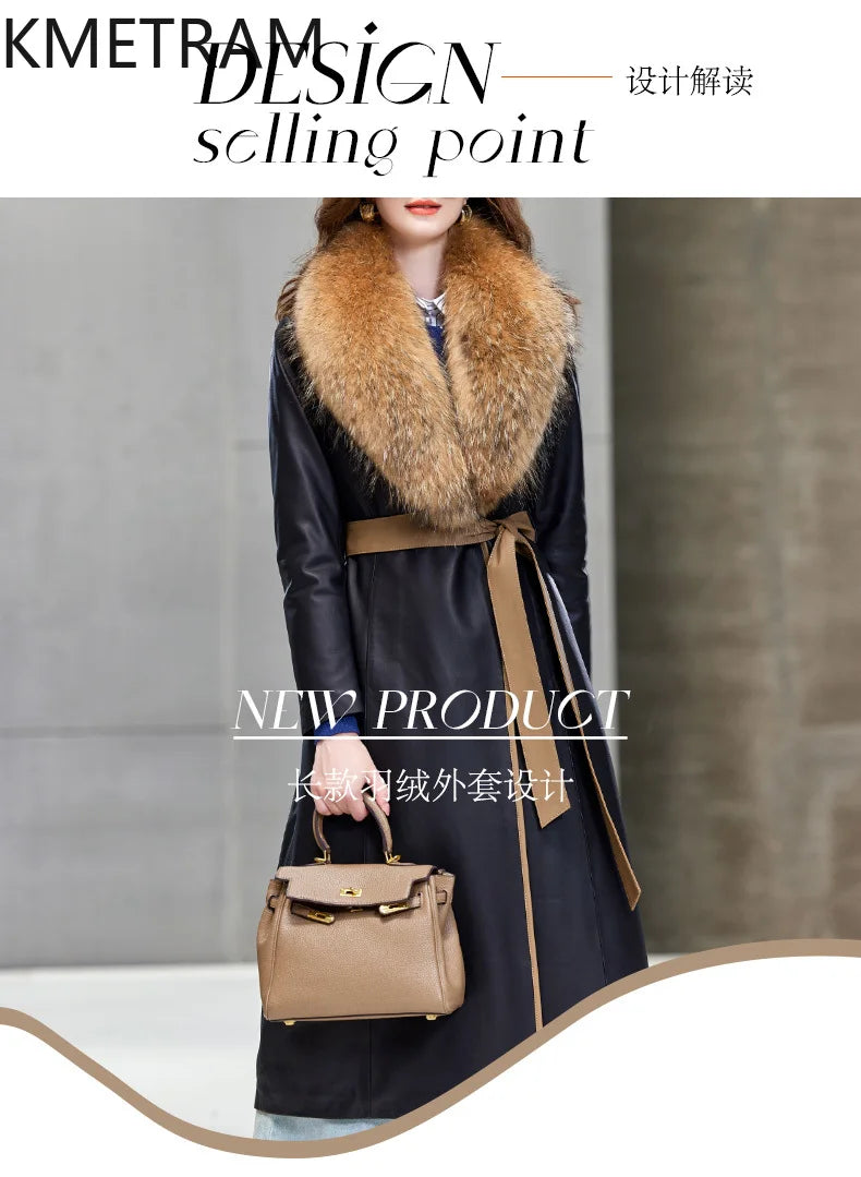 100% Sheepskin Puffer Jacket Women High Quality Long Down Coats Winter Raccoon Fur Collar Coat Womans Clothing Leren Donsjas