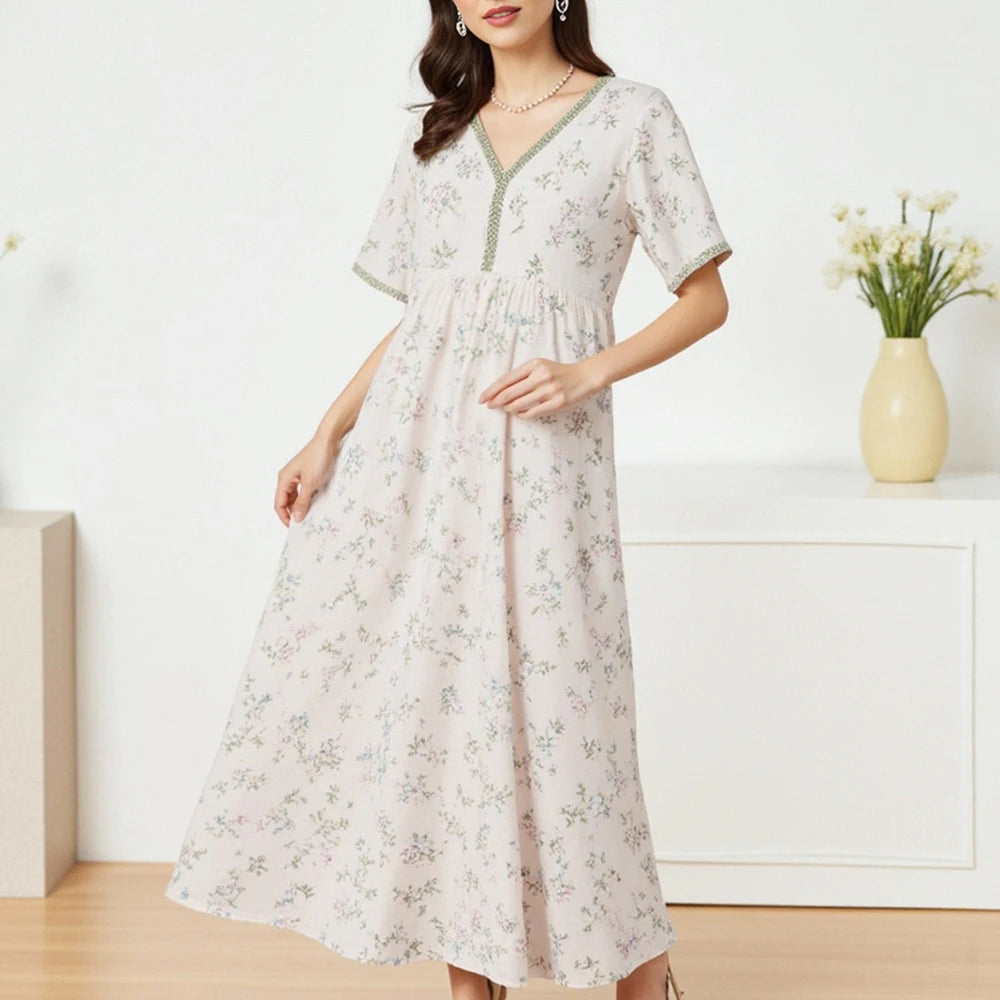 Rafiah Autumn Arabian Long Dress 2025 Casual Daily Ditsy Floral Short Sleeve V-Neck A-Line Dress For Women