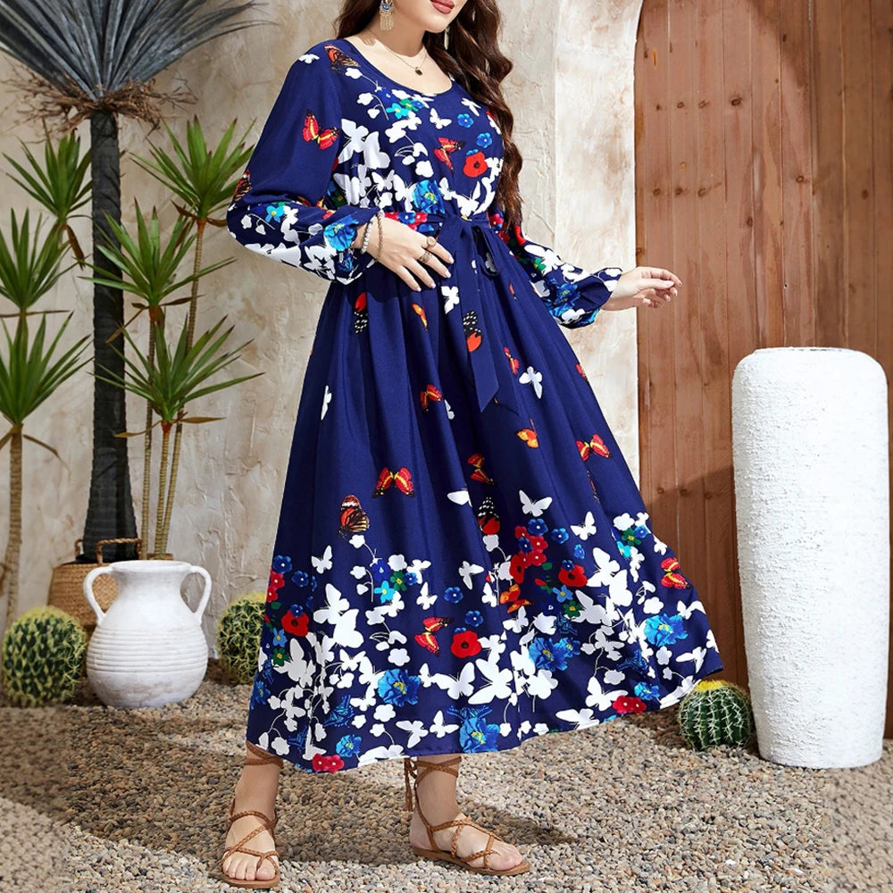 Plus Size Rafiah Women's Summer Long Dress 2025 Elegant Round-Neck Long Sleeve A-Line Maxi Butterfly Print Dating Dress